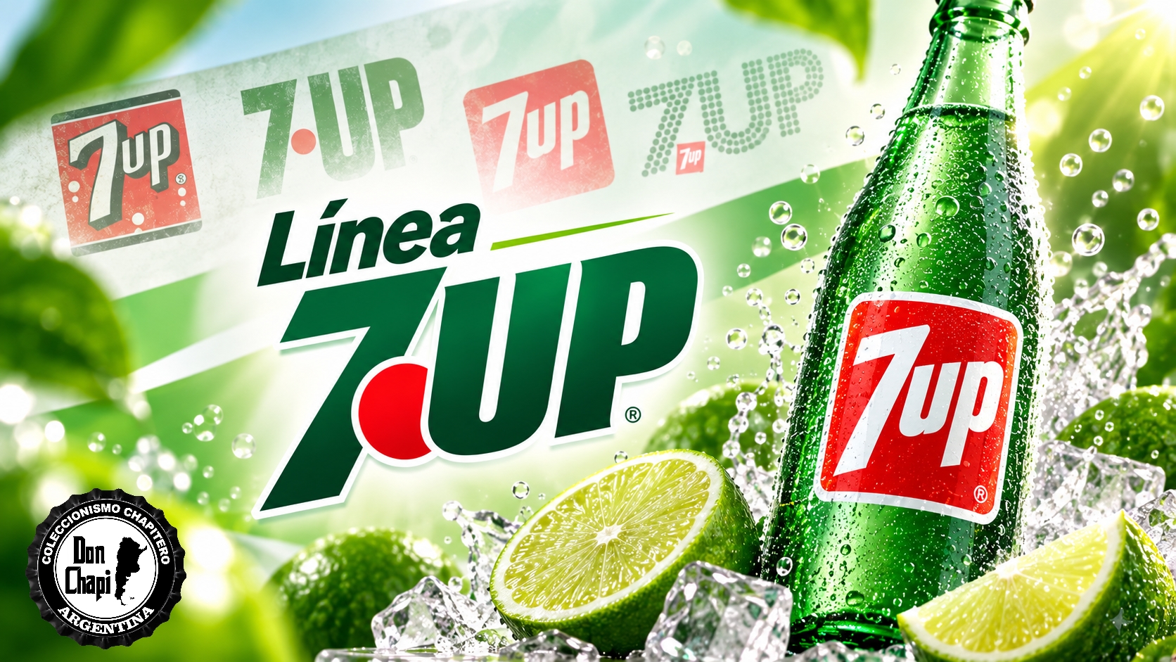 7Up, gaseosa lima-limón con botella y logos clásicos de la marca