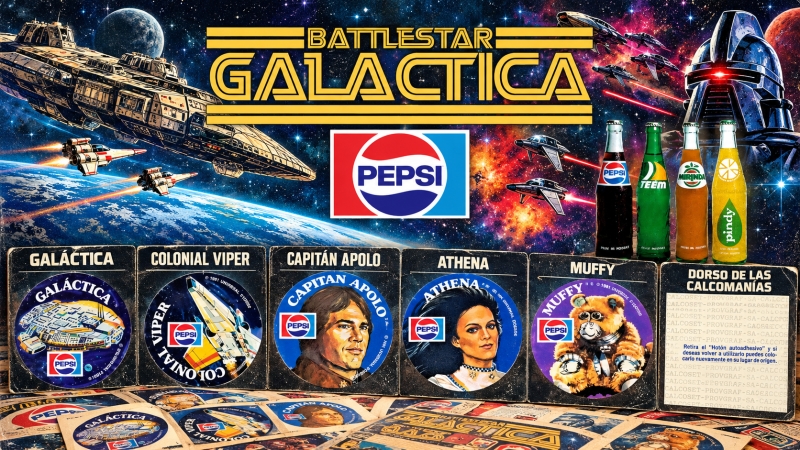 Colección de calcomanías Pepsi Galáctica de 1981 en Argentina, con imágenes de la nave Galáctica, Colonial Viper, Capitán Apolo, Athena y Muffit, junto al logo de Pepsi y las gaseosas de la promoción.
