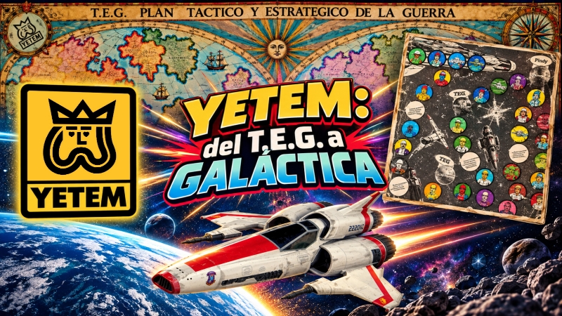 Pepsi - YETEM: del T.E.G. a Galáctica. Composición con el logo de YETEM, álbum de chapitas coleccionables, mapa del juego T.E.G. y nave espacial de Battlestar Galactica